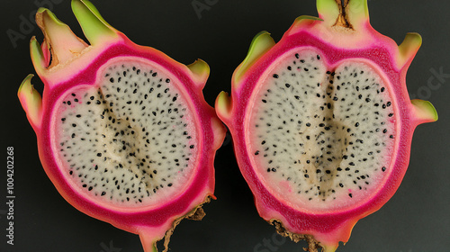 A tropical dragon fruit, cut in half to reveal its bright pink skin and speckled white flesh.