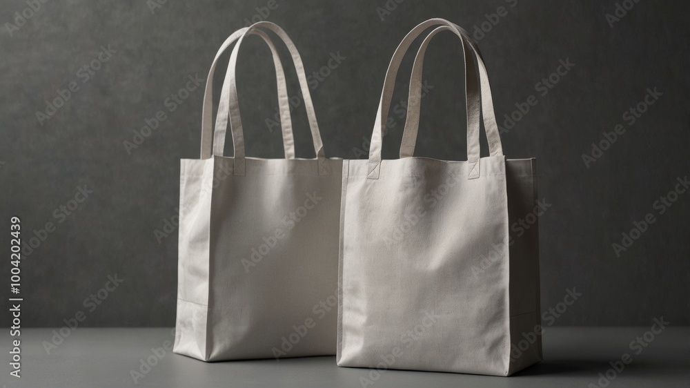 A mockup of white tote bags on a grey background A mockup of white tote bags on a grey background