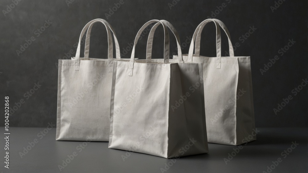 A mockup of white tote bags on a grey background A mockup of white tote bags on a grey background