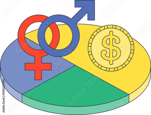 A pie chart with different segments, featuring gender symbols and a dollar sign, representing gender and financial distribution.