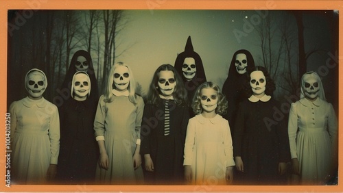 Old vintage black and white photo with creepy kids in costumes. Scary Halloween postcard with a frame