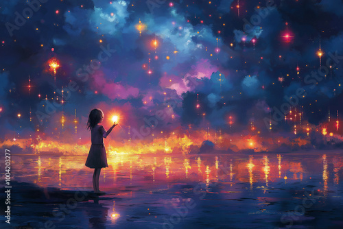 a little girl holding a shining star in her hands surrounded by many small multicolored spots standing on the seashore making a wish dreamland shooting stars, sea surface sparkles and reflecting  photo