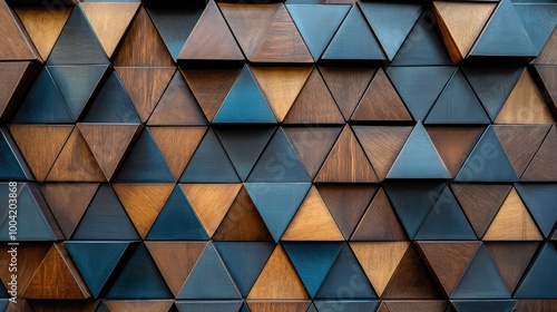 Modern wall panel made of wooden triangular cells in brown, blue and black colors with seamless wooden background Generative Ai