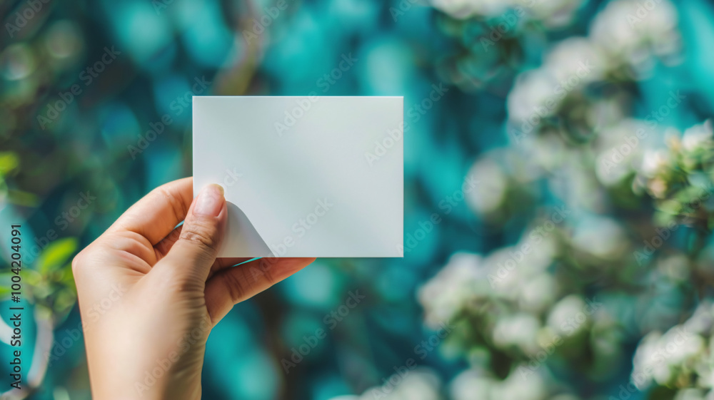 Hand holding white business card on blue blurred background Hand holding white business card on blue blurred background