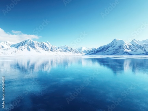 Wallpaper Mural Frozen lake, snowcapped mountains in distance, cold serenity, 3D illustration Torontodigital.ca