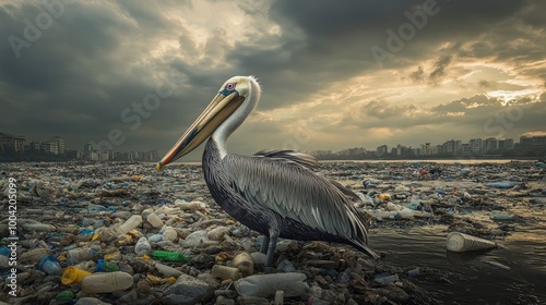 A pelican amidst a sea of plastic waste under a threatening sky, highlighting the tragic impact of pollution on natural habitats.