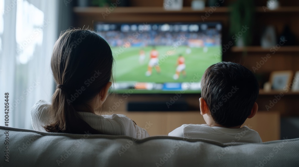 Two children sitting on a couch and watching a soccer game on television in a cozy living room setting. Two children sitting on a couch and watching a soccer game on television in a cozy living room setting.