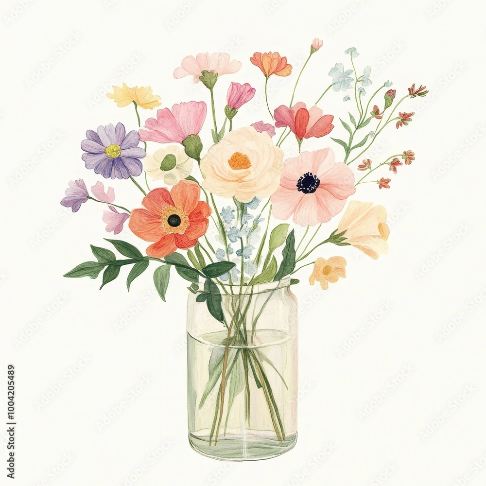 Obraz premium A vibrant bouquet of various flowers in a glass vase, showcasing natural beauty and color.