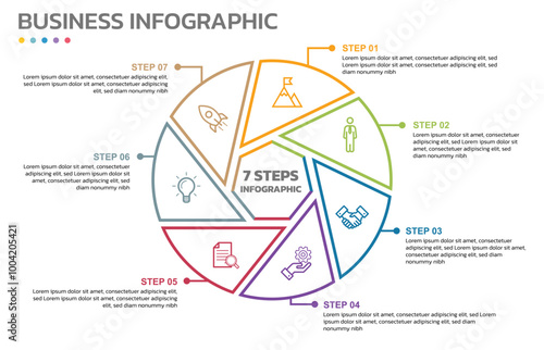 Visual data presentation. Cycle diagram with 7 options. Pie Chart Circle thin line infographic template with 7 steps, options, parts, segments. Business concept. Marketing infographic outline style.