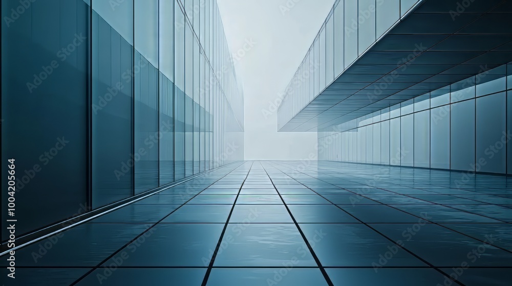 A sleek, futuristic architectural scene featuring reflective glass buildings and a smooth tiled floor that stretches into the horizon. AI generative. A sleek, futuristic architectural scene featuring reflective glass buildings and a smooth tiled floor that stretches into the horizon. AI generative.