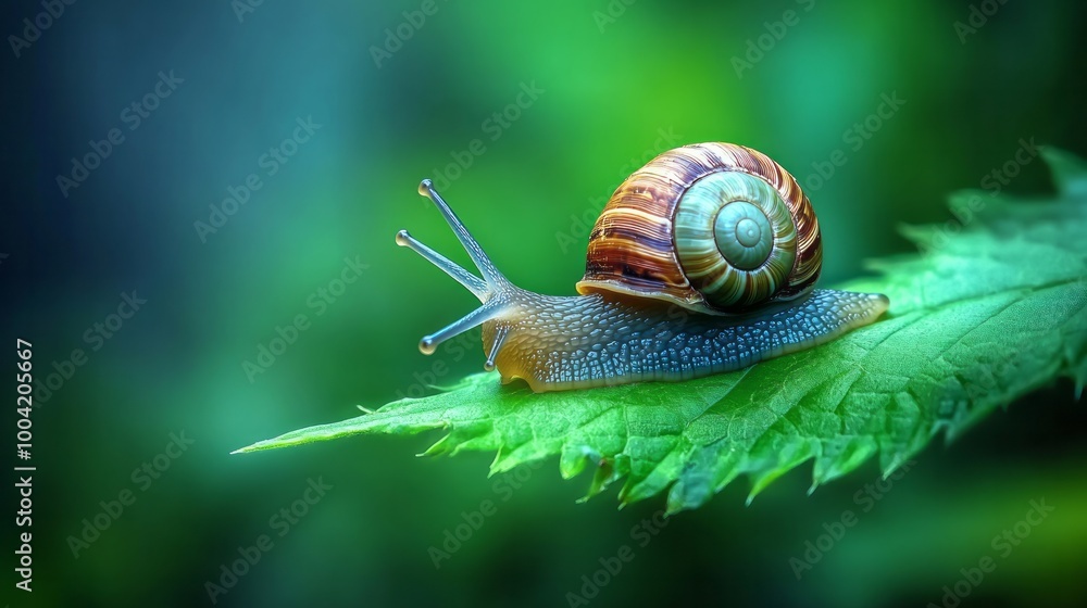 Garden Snail on Green Leaf - Close-up Macro Photography Garden Snail on Green Leaf - Close-up Macro Photography