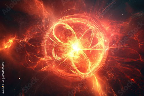 astronomic image of the sun with glowing plasma, nuclear fusion, sparks flying around in circular shapes in the dark space background, photorealistic