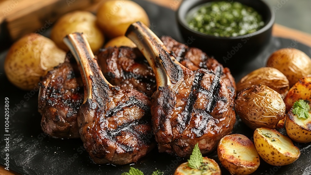 A selection of grilled lamb chops served with mint sauce and roasted potatoes, grilled lamb chops, gourmet barbecue A selection of grilled lamb chops served with mint sauce and roasted potatoes, grilled lamb chops, gourmet barbecue