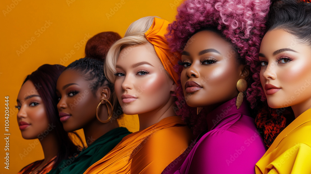 Fototapeta premium vibrant portrait showcasing five diverse women with unique hairstyles and colorful outfits against bright yellow background, celebrating beauty and individuality. 
