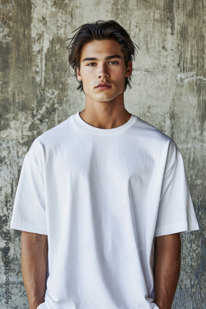 Oversized tshirt mockup,  A male model poses casually in a white oversized t-shirt in front of a textured cement wall. His relaxed stance and minimalist style highlight modern