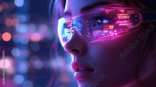 Cybernetic Vision, A portrait showcasing a young woman with advanced futuristic eyewear, analyzing augmented information. The glasses? lenses cast shimmering reflections of digital