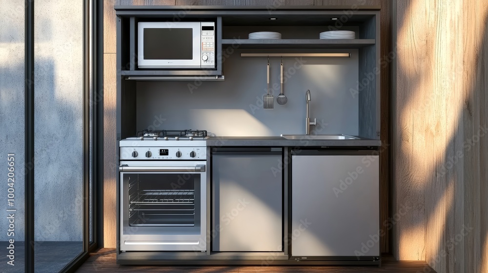 Modern Compact Kitchen with Stainless Steel Appliances. Modern Compact Kitchen with Stainless Steel Appliances.