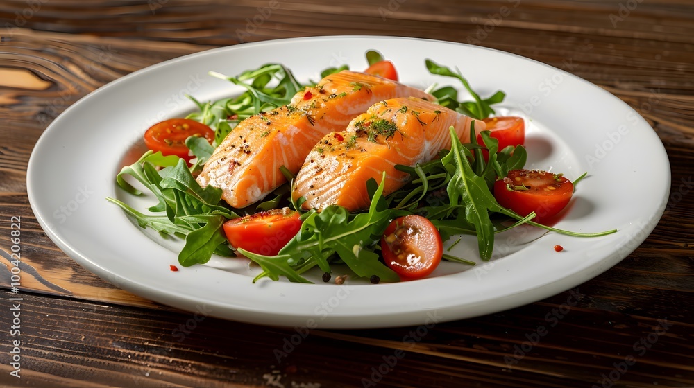 arugula salad with slices of fresh salmon arugula salad with slices of fresh salmon