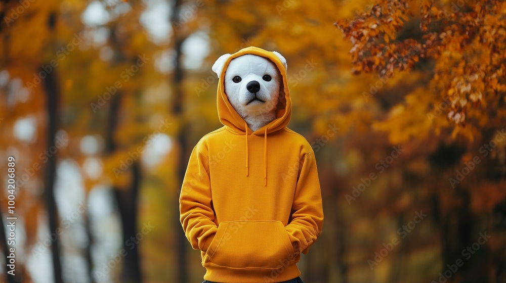 Person wearing a bear quadrober mask and yellow hoodie in an autumn forest with vibrant orange leaves Person wearing a bear quadrober mask and yellow hoodie in an autumn forest with vibrant orange leaves