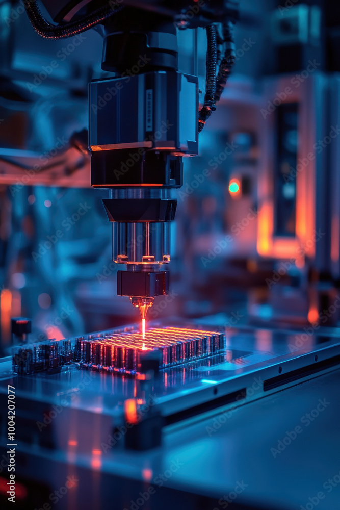 Blockchain Integration, In a state-of-the-art factory, robotic arms project holograms while assembling microchips. The environment showcases high-tech equipment and digital Blockchain Integration, In a state-of-the-art factory, robotic arms project holograms while assembling microchips. The environment showcases high-tech equipment and digital