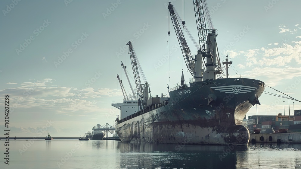 Large cargo ship docked at a port with cranes and containers, symbolizing a port strike, highlighting the scale of the port and the absence of activity. Large cargo ship docked at a port with cranes and containers, symbolizing a port strike, highlighting the scale of the port and the absence of activity.