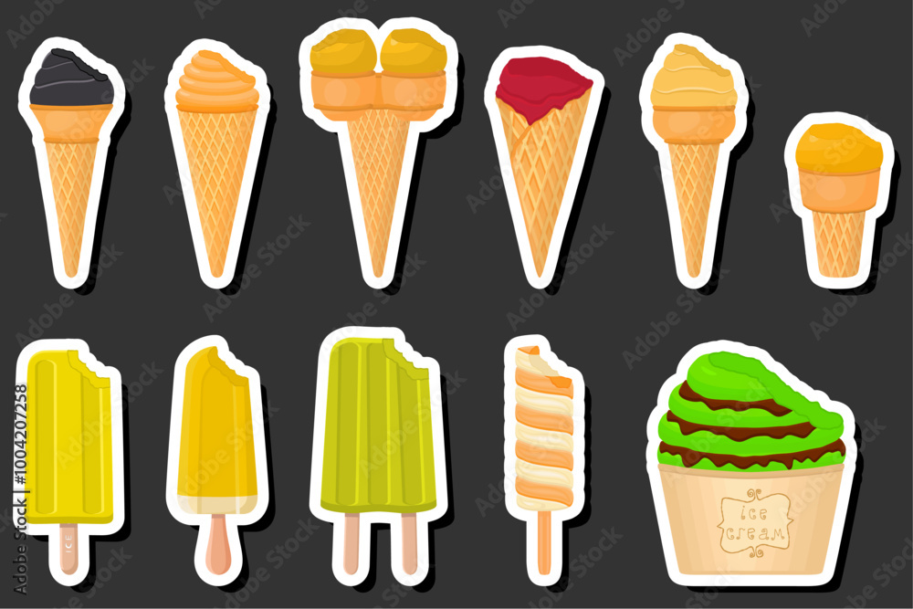 Illustration on theme big kit ice cream popsicle different types in cone waffle cup Illustration on theme big kit ice cream popsicle different types in cone waffle cup