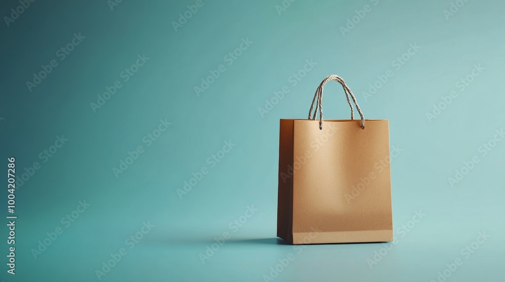 Brown paper shopping bag on a teal background, symbolizing retail, consumerism, and shopping Brown paper shopping bag on a teal background, symbolizing retail, consumerism, and shopping
