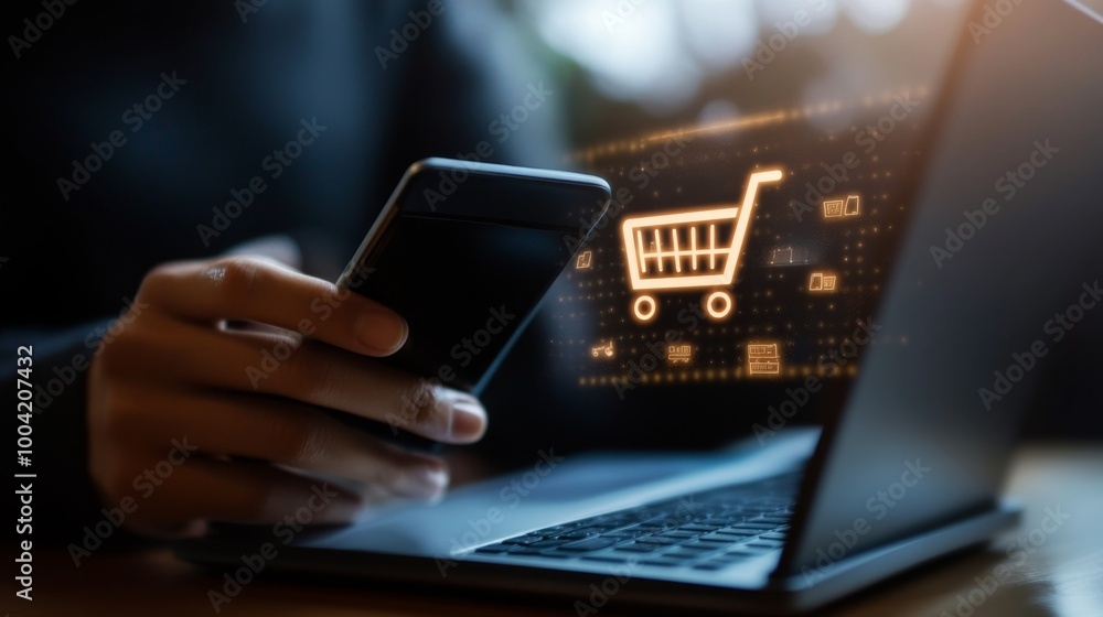 Close up of a man using his smartphone to shop online with a shopping cart icon hovering over a laptop. Close up of a man using his smartphone to shop online with a shopping cart icon hovering over a laptop.