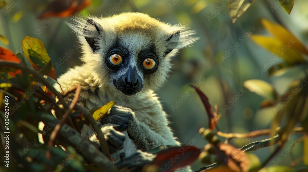 Curious Lemur Peer from Lush Foliage in Vibrant Jungle Curious Lemur Peer from Lush Foliage in Vibrant Jungle
