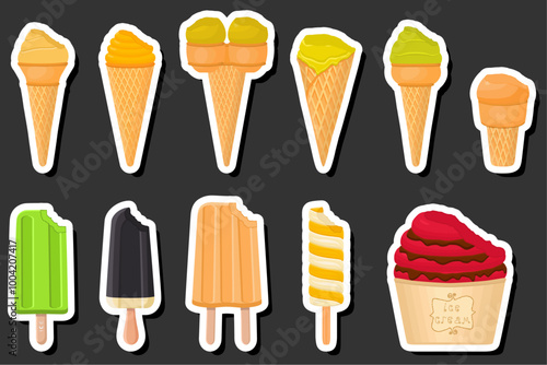 Illustration on theme big kit ice cream popsicle different types in cone waffle cup