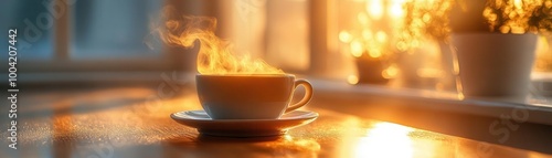 First sip of coffee with steam rising, Monday morning, invigorating start photo