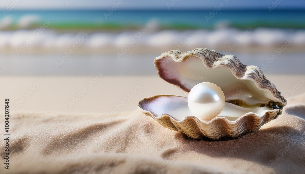 White pearl inside opened oyster shell on sandy beach White pearl inside opened oyster shell on sandy beach