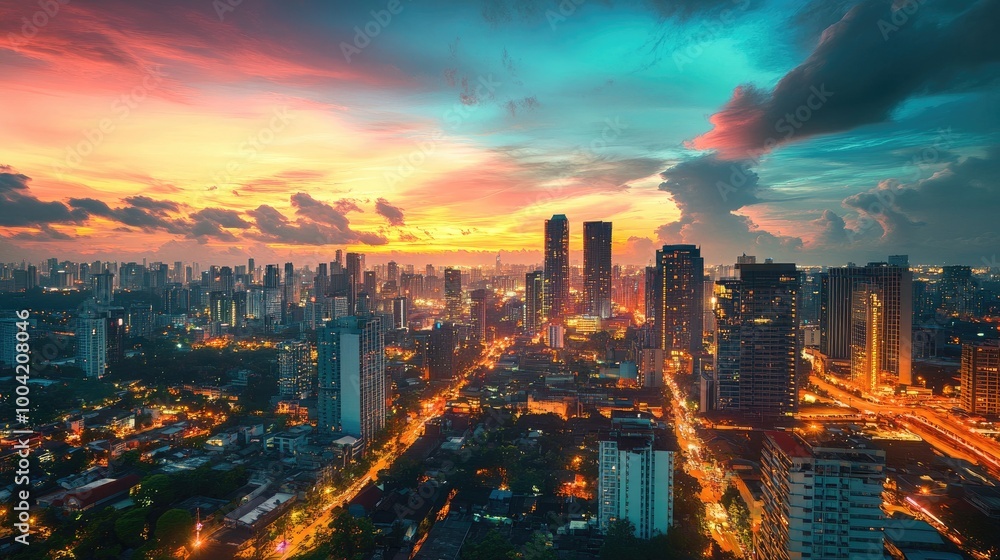 Obraz premium A bustling city skyline in 2025 at sunset, tall buildings glowing under a vibrant sky, representing urban growth and activity.