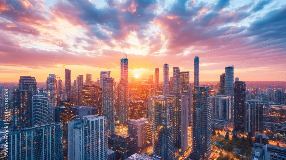 Fototapeta premium A bustling city skyline in 2025 at sunset, tall buildings glowing under a vibrant sky, representing urban growth and activity.