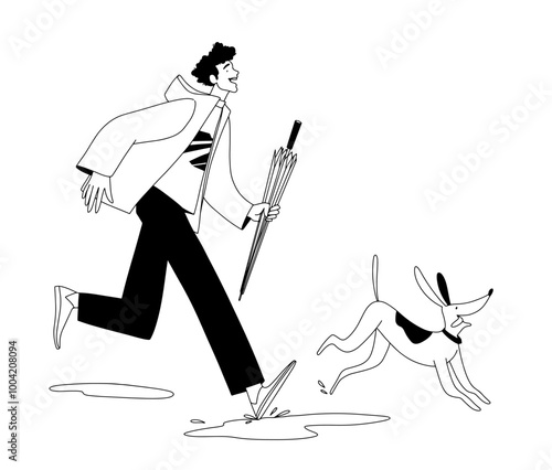 Outline, young man running through puddles with his dog after the rain. Vector illustration