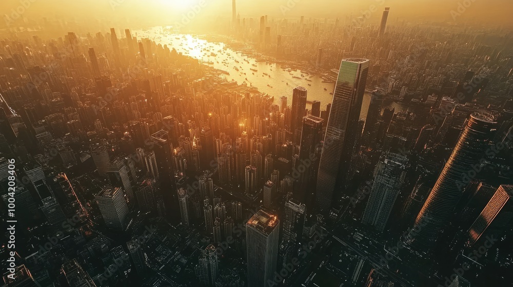 Fototapeta premium A futuristic cityscape in 2025, lit by the setting sun, filled with skyscrapers and bustling streets, symbolizing urban vitality.