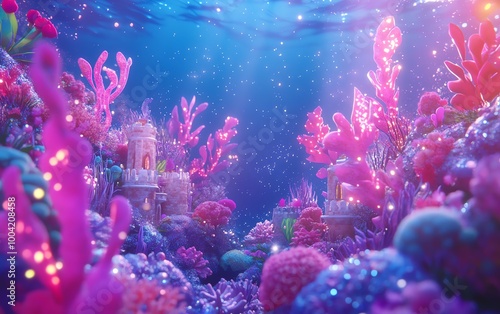 Tilted angle view, a vibrant underwater kingdom, mermaids dancing among coral castles, glowing sea creatures, magical flora, enchanting light play photo