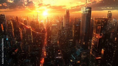 A futuristic cityscape in 2025, lit by the setting sun, filled with skyscrapers and bustling streets, symbolizing urban vitality.