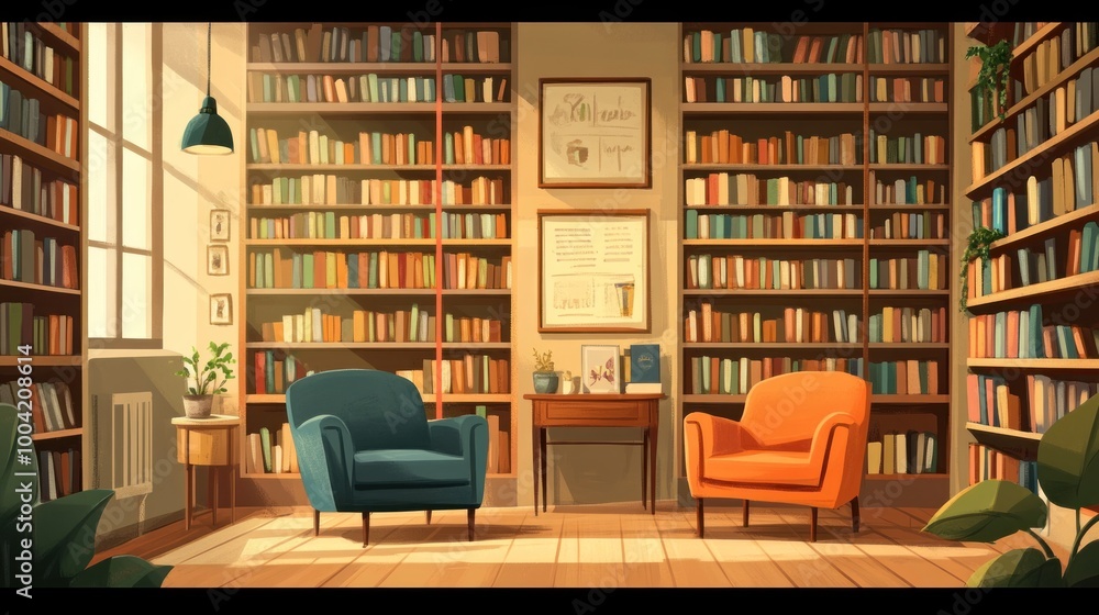 Cozy study room with teal and orange armchairs surrounded by bookshelves filled with colorful books. Cozy study room with teal and orange armchairs surrounded by bookshelves filled with colorful books.