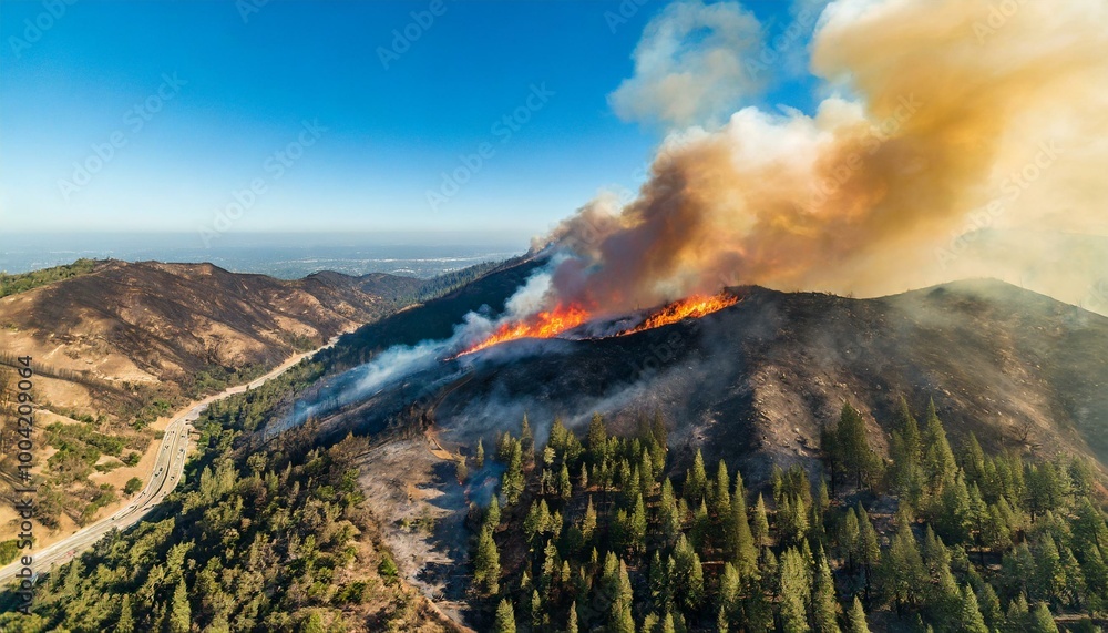 Fototapeta premium Wildfire aerial view. Forest fire in landscape resembling California. AI generated image.