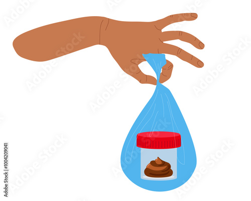Human hand holding package with disgust. Medical sample. Stool analysis. Laboratory container with excrement. Healthcare, medical diagnostic Vector illustration in flat style. Treatment, care concept