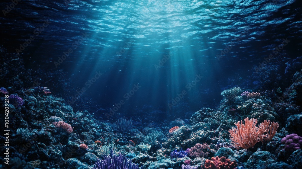 Naklejka premium A serene underwater scene showcasing vibrant coral reefs illuminated by beams of sunlight.