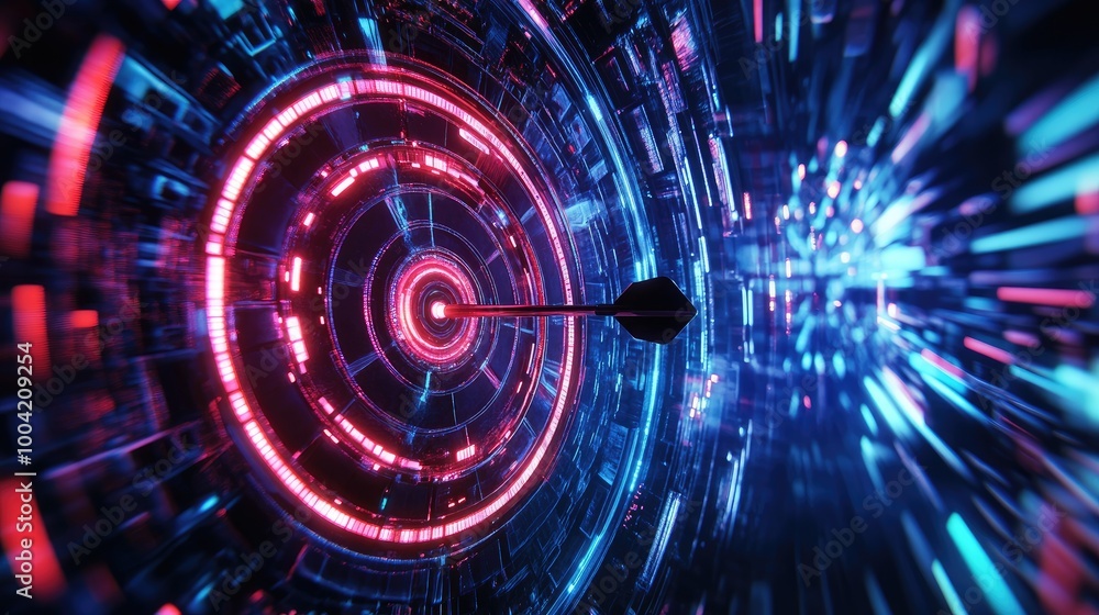 Obraz premium A vibrant, neon-lit dartboard with a dart striking the bullseye, representing focus and accuracy in a futuristic, tech-driven environment.