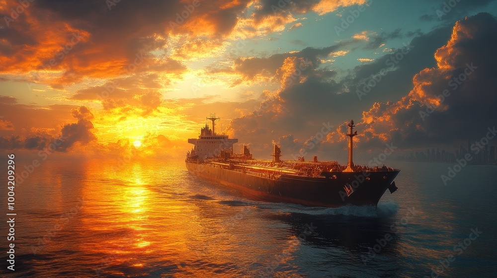 A cargo ship sailing at sunset, reflecting vibrant colors on water. A cargo ship sailing at sunset, reflecting vibrant colors on water.