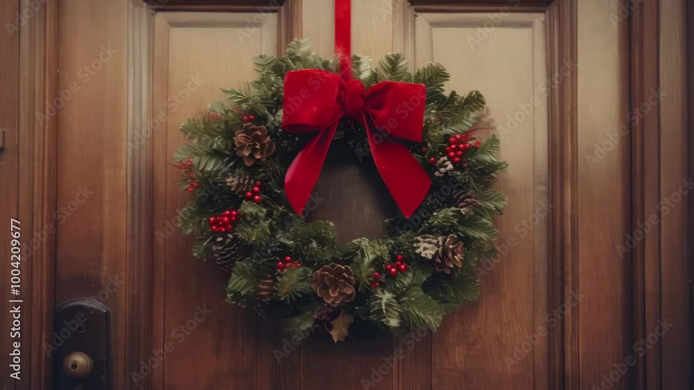 Christmas wreath with red berries and a red bow is hanging on a wooden front door, creating a warm and welcoming atmosphere Christmas wreath with red berries and a red bow is hanging on a wooden front door, creating a warm and welcoming atmosphere