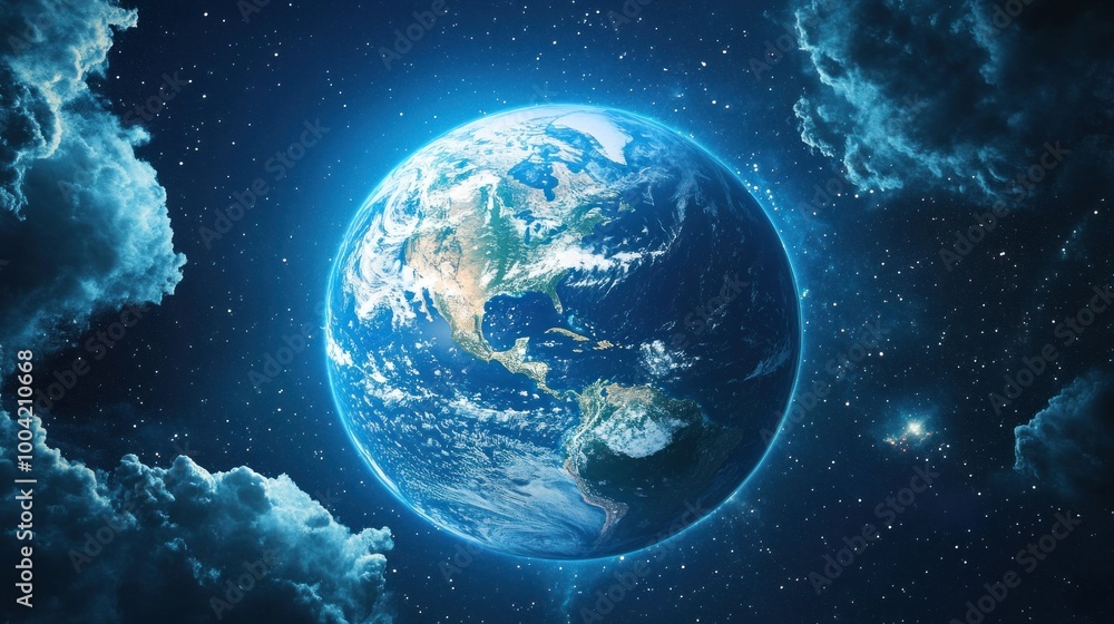 Stunning view of Earth from space, showcasing vibrant colors and swirling clouds amidst a starry background. Stunning view of Earth from space, showcasing vibrant colors and swirling clouds amidst a starry background.