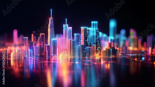 Holographic Cityscape of the Bond Market, vibrant neon accents, intricate details, set against a dark backdrop, immersive digital visualization