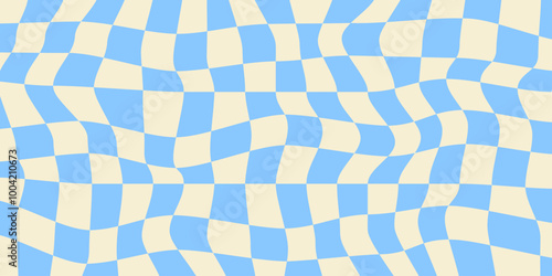 Twisted checkered colorful background. Abstract vector pattern. Blue and white colors. Retro wavy psychedelic checkerboard	
