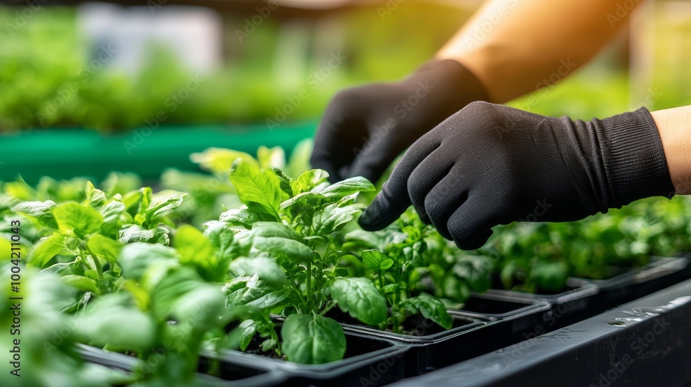 Close-up of gloved hands tending to fresh green plants in a garden or greenhouse, highlighting care and agriculture. Close-up of gloved hands tending to fresh green plants in a garden or greenhouse, highlighting care and agriculture.