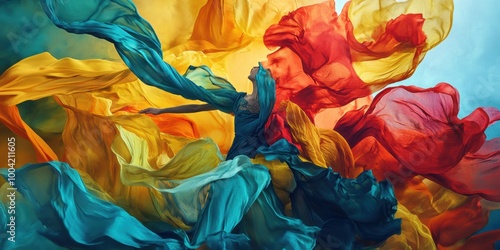 colorful silk fabric blowing in the wind